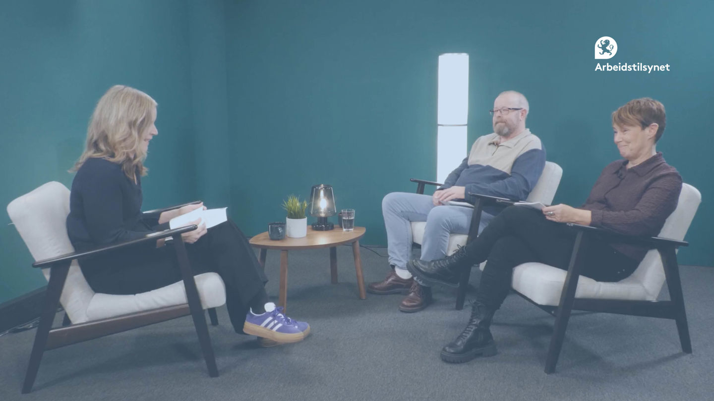 Bilde fra webinaret av programleder Trine Aaen og de to gjestene i hver sin stol. Se ser på hverandre, smiler og snakker sammen.