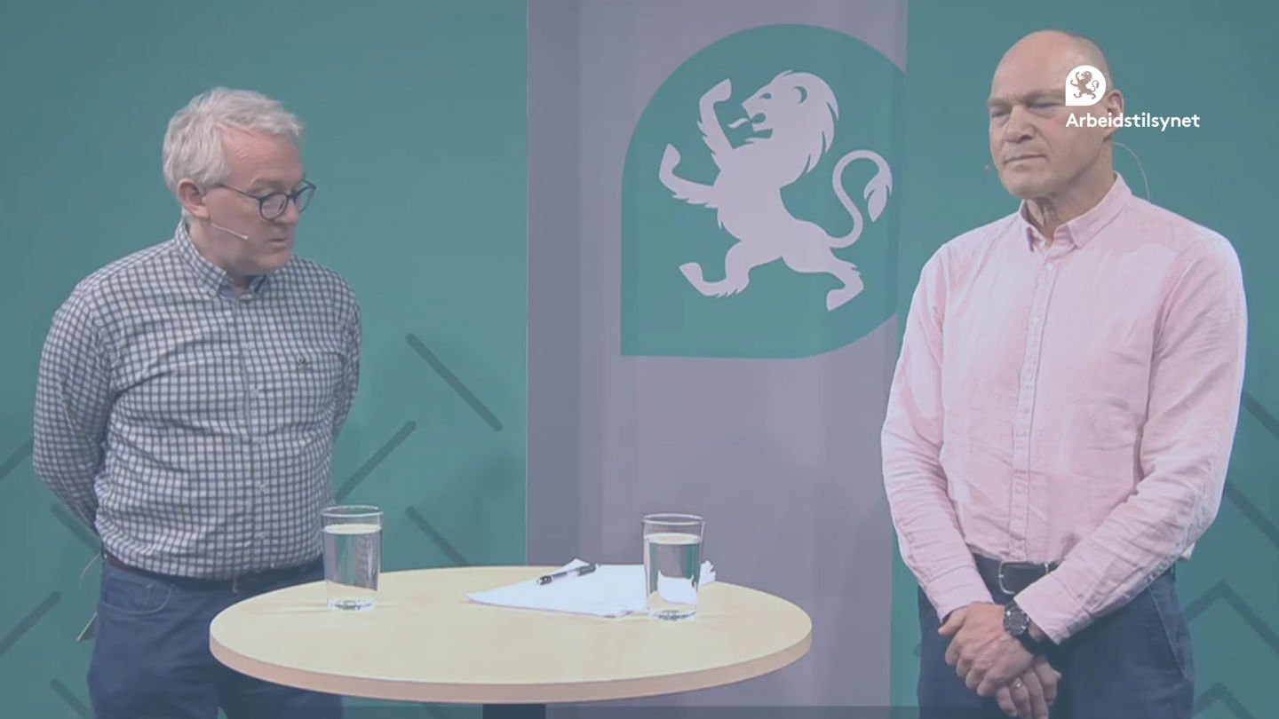 Bilde fra webinaret av to av deltakerne i en samtale. De står ved siden av hverandre og snakker.